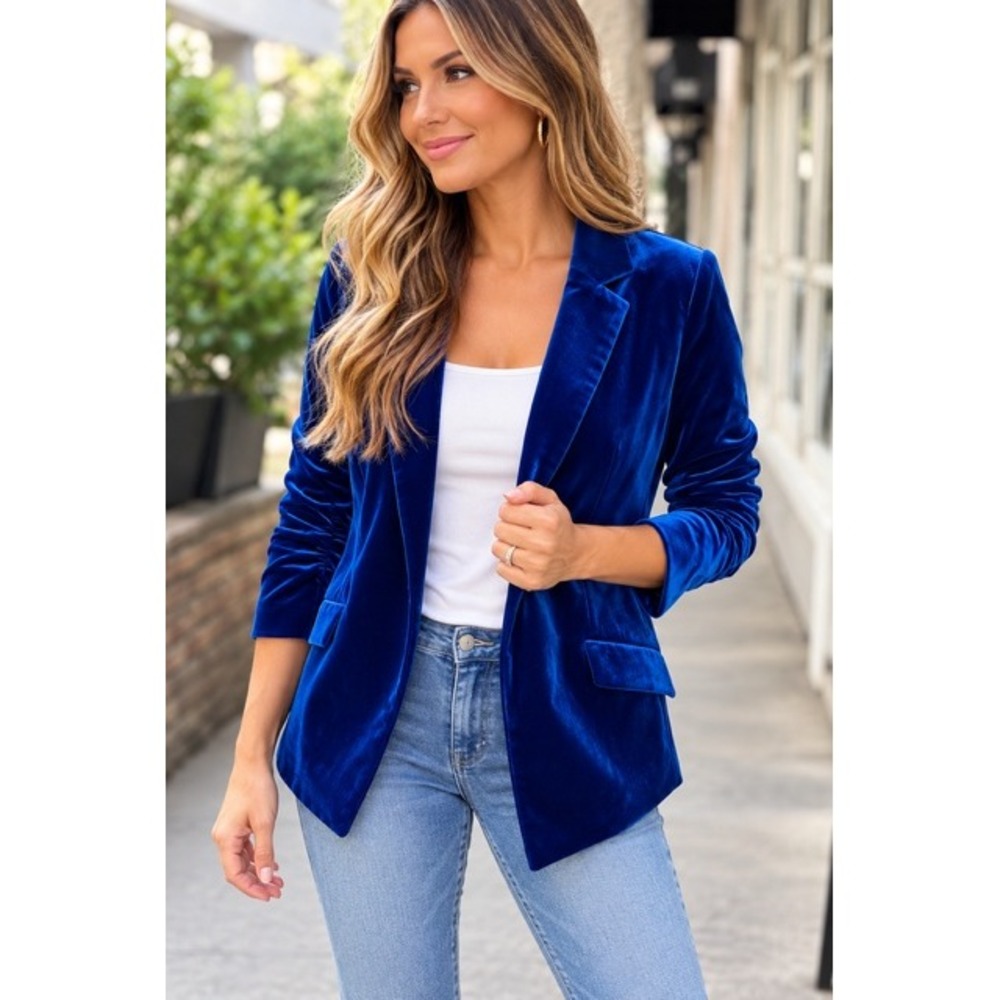 Skies Are Blue Velvet Ruched Sleeve Blazer Jacket Royal Blue Size XS